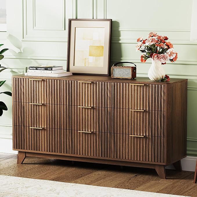 VINGLI Fluted Walnut Dresser 9 Drawer, Dark Wood Dresser Brown with Rounded Edges, 57" Long Mid Century Modern Dressers for Bedroom, 57" W*15.75" D*29.92" H