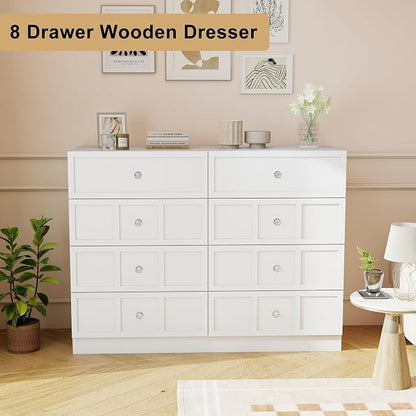 8 Drawer Dresser for Bedroom: 47" Fluted White Dresser Deep Drawers, Modern Chest of Drawers for Bedroom, Fluted Wood Dressers for Living Room, Hallway