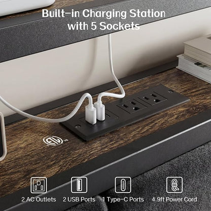 OLEVS Full Size Bed Frame with Charging Station & LED Light, 2-Tier Storage Headboard & Footboard, Type C & USB Ports Metal Platform Bed, No Box Spring Needed, Easy Assembly