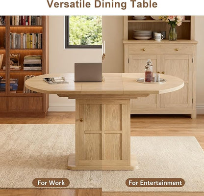iPormis Round Dining Table for 4-6, 59'' Extendable Dining Room Kitchen Table with 2-Tier Storage Shelf, Wood Dinner Table with Door & Pedestal Base, for Kitchen Living Room, Space Saving, Natural