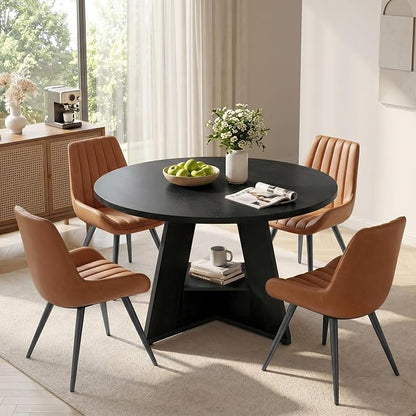 Miereirl 47.3 Inch Round Dining Table Set for 4, Round Kitchen Table with Chairs, Space Saving Dining Room Table Set with Storage Shelf for Apartment Kitchen Dining Room, Black Table+4 Brown Chairs