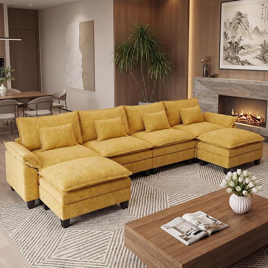URRED Oversized Modular Sectional Sofa, 157" U Shaped Modern Comfy Cloud Couch with Movable Ottoman & Pillows, Deep Seat Couches for Living Room, Bedroom or Apartment (Chenille Yellow, 157" U Shaped)