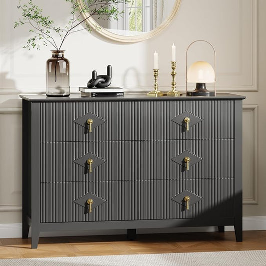 GarveeHome Fluted Dresser for Bedroom, 47.2 Inch Wide 6-Drawer Wood Dresser, Modern Chest of Drawers, Storage Organizer Cabinet for Living Room, Hallway, Entryway, Black