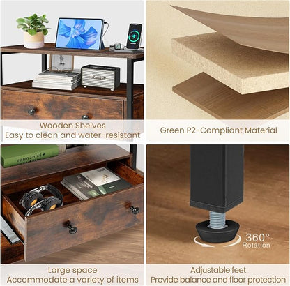 Edbuosy 27 Inch Wide Night Stand with Charging Station, Wood Nightstand with Open Shelf, Large Drawer Bedside Table for Living Room/Bedroom/Office, Retro Brown