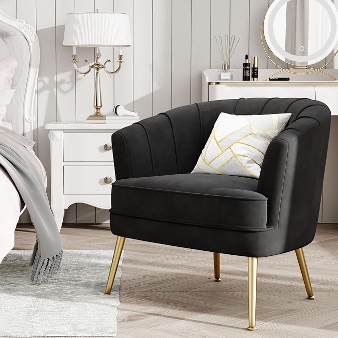 Andeworld Velvet Accent Chair, Upholstered Modern Single Sofa Side Chair,Comfy Barrel Club Living Room Armchair with Golden Metal Legs for Bedroom Living Reading Room Office, Black