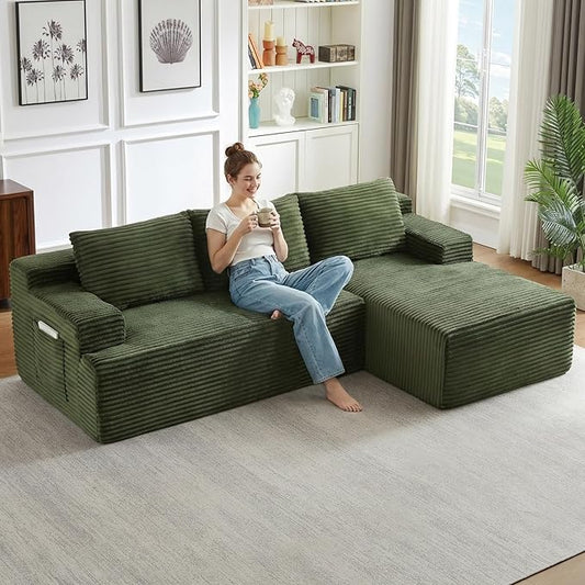 96" Cloud Sectional Couch with L-Shape Chaise, Modular Comfy Sofa Chaise Longue, Upholstered Corduroy Couches Sleeper with Deep Seat for Living Room Bedroom, No Assembly Required(Green, Right Facing)
