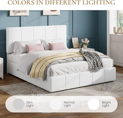 SHA CERLIN Queen Bed Frame, Velvet Upholstered Platform Bed Frame, Vertical Channel Tufted Adjustable Headboard, Low Profile Bed Frame, No Box Spring Needed, Easy Assembly, White