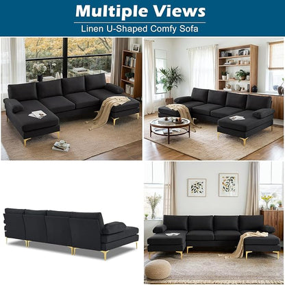 VINGLI 110" Modern Sectional Couch with 51" D Double Chaise, Black Deep Seat U Shaped Couch with Removable Pillows & Metal Legs, Comfy 4-Seat Sofas for Living Room, Linen Fabric