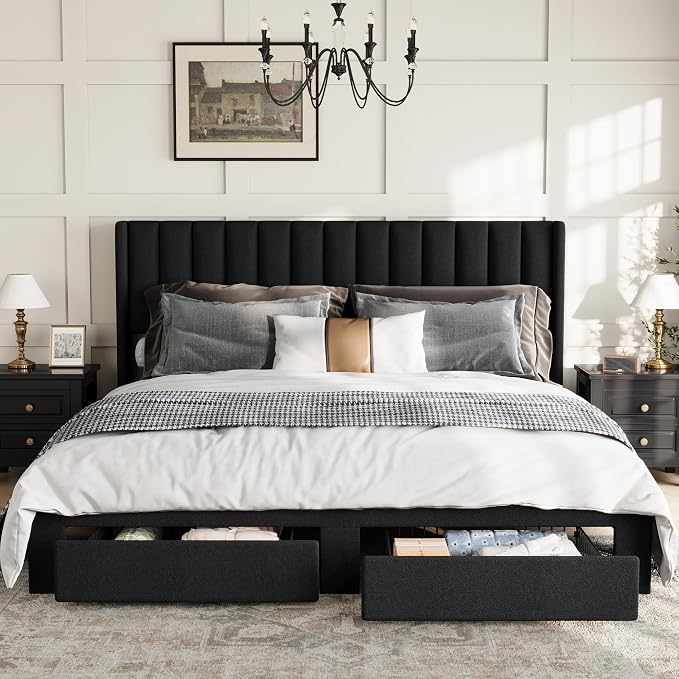 GAOMON King Size Upholstered Platform Bed Frame with 2 Under-Bed Storage Drawers, Velvet Wingback Headboard, No Box Spring Needed, Sturdy & Noise-Free, Black