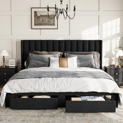 GAOMON King Size Upholstered Platform Bed Frame with 2 Under-Bed Storage Drawers, Velvet Wingback Headboard, No Box Spring Needed, Sturdy & Noise-Free, Black