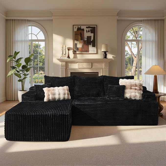 ovios 96" Cloud Sectional Couch with L-Shape Chaise,Modern Modular Sofa with Deep Seat, Upholstered Couches for Living Room Bedroom,No Assembly Required, Black (Plush Corduroy Fabric)