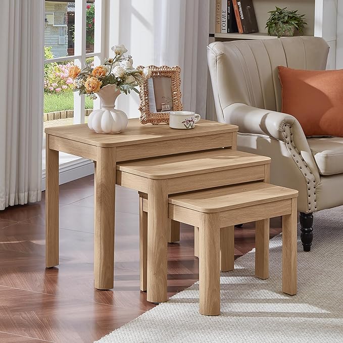 Joaxswe Farmhouse Nesting Tables Set of 3, Nesting Side Tables with Rounded Corners & 4 Thickened Table Legs, Natural Wood