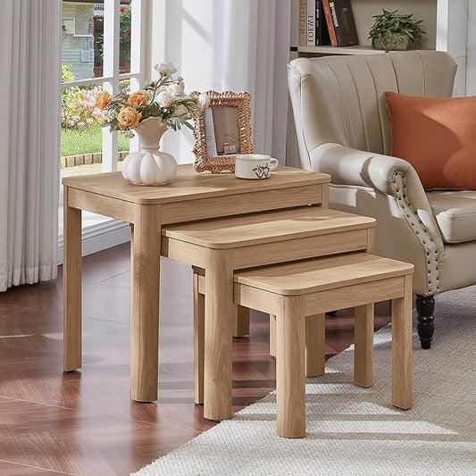 Joaxswe Farmhouse Nesting Tables Set of 3, Nesting Side Tables with Rounded Corners & 4 Thickened Table Legs, Natural Wood