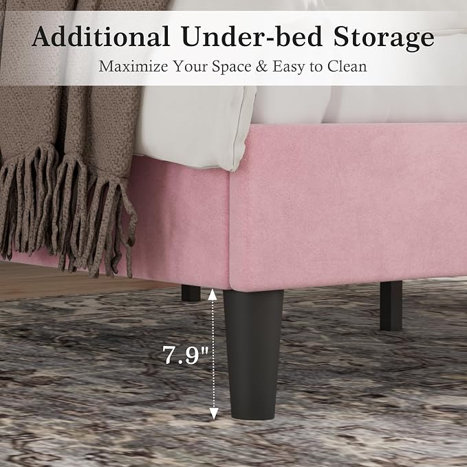VECELO Full Size Bed Frame with Upholstered Headboard, Heavy-Duty Platform Bedframe with Strong Wooden Slats Support, No Boxing Spring Needed, Velvet & Pink