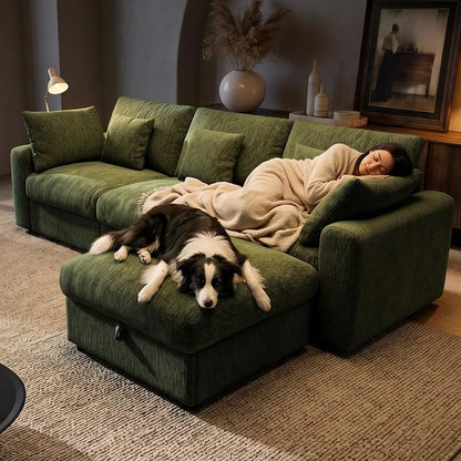 Ihanherry Cloud Sectional Couches for Living Room, 110" Large Modular Sectional Sofa with Wide Deep Seat, L Shaped Couch with Throw Pillow and Storage Ottoman, Green