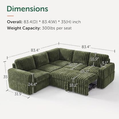 HONBAY Plush Corduroy Modular Sectional Sofa with Pull Out Bed, Convertible L Shaped Couch with Storage,Sleeper Sectional Couches for Living Room,Plush Green