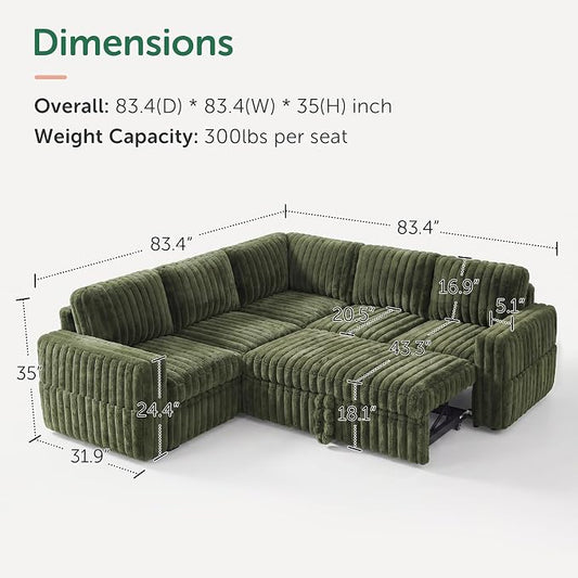 HONBAY Plush Corduroy Modular Sectional Sofa with Pull Out Bed, Convertible L Shaped Couch with Storage,Sleeper Sectional Couches for Living Room,Plush Green