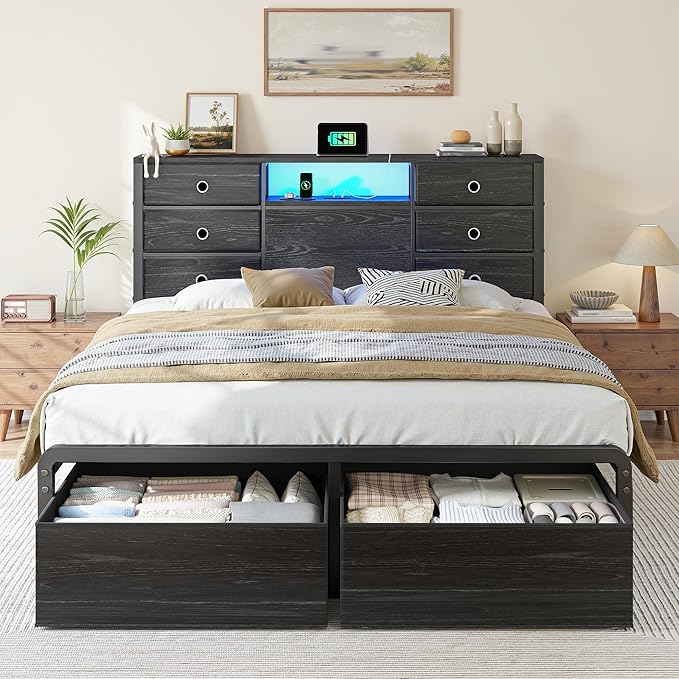 Homkdom Queen Bed Frame,8 Drawers,LED Lights,Charging,Headboard,Black | 8 Fabric organizers , USB and Type-C power ports, Supports up to 880 lbs,Noise-free and quick assembly for bedroom