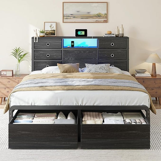 Homkdom Queen Bed Frame,8 Drawers,LED Lights,Charging,Headboard,Black | 8 Fabric organizers , USB and Type-C power ports, Supports up to 880 lbs,Noise-free and quick assembly for bedroom