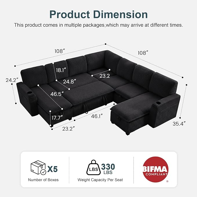 Oversized Sectional Sleeper Sofa with Pull Out Bed, Plush Corduroy 9 Seat Modular Sofa with Storage Chaise and Adjustable Backrest, Cloud Couches for Living Room, Apartment, Black
