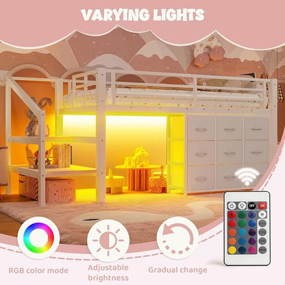 Bellemave Twin Size Low Loft Bed with 9 Fabric Storage Drawers for Kids,Metal Loft Bed Frame with Stairs and LED Lights for Boys Girls,Kids Loft Bed Twin Size,White