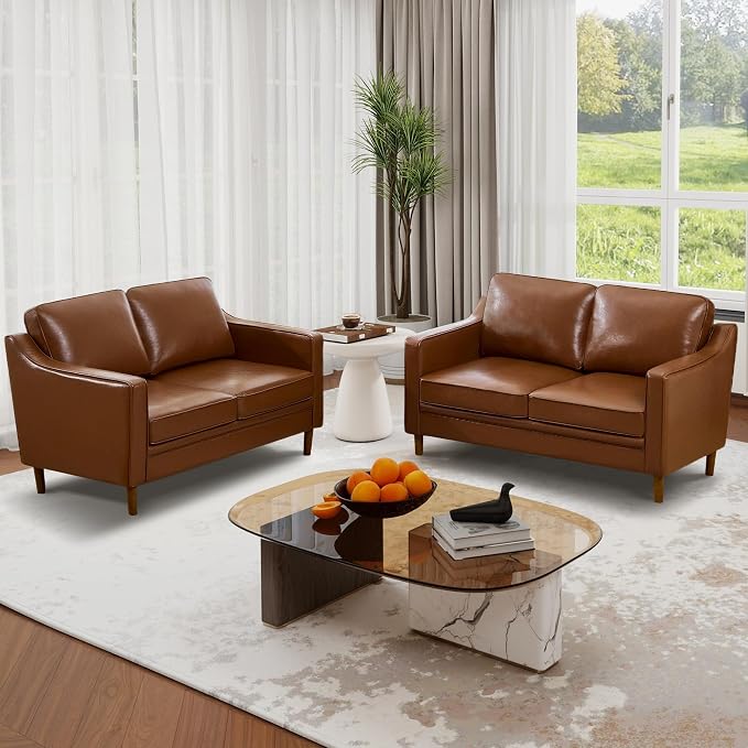 Kingfun 60" Faux Leather Sofa, Loveseat Couch, Mid Century Modern Love Seat Couches with Solid Wood Frame for Living Room Bedroom