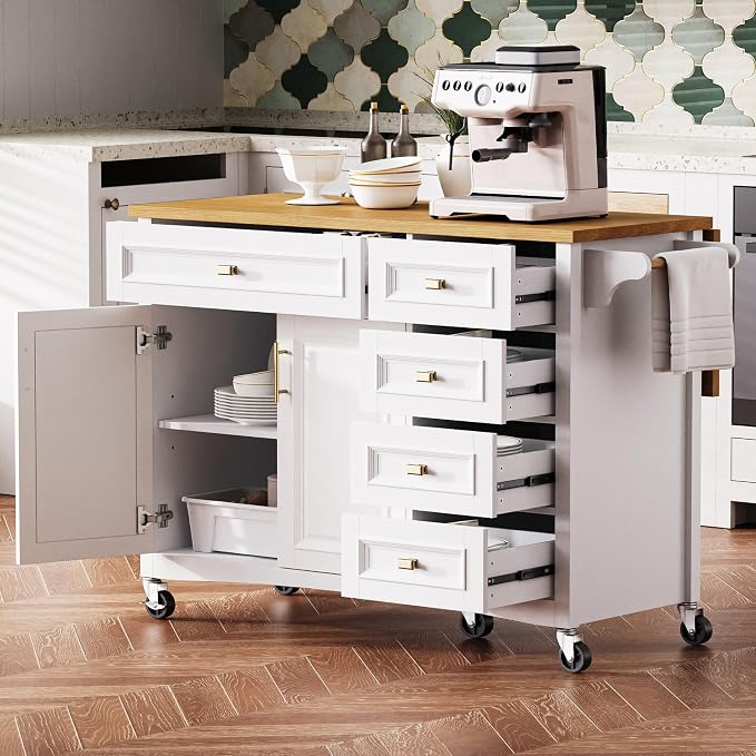 Large Kitchen Island with Rubber Wood Drop Leaf, Rolling Kitchen Cart with Ample Storage on Wheels with Doors and Drawers, Embossed Texture for Dining Room (52Inch, White, Golden Handle)