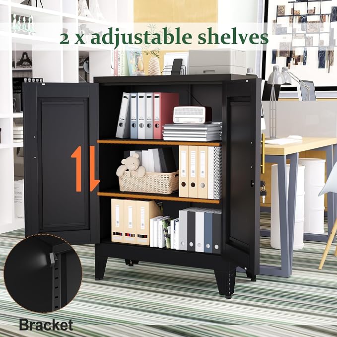 Black Metal Storage Cabinet, 36" Tall Locking Storage Cabinet, 12”D | with 2 Adjustable Shelves, Steel Locker Organizer, Metal Freestanding Buffet Cupboards Sideboard for Office, Home, School,2PS
