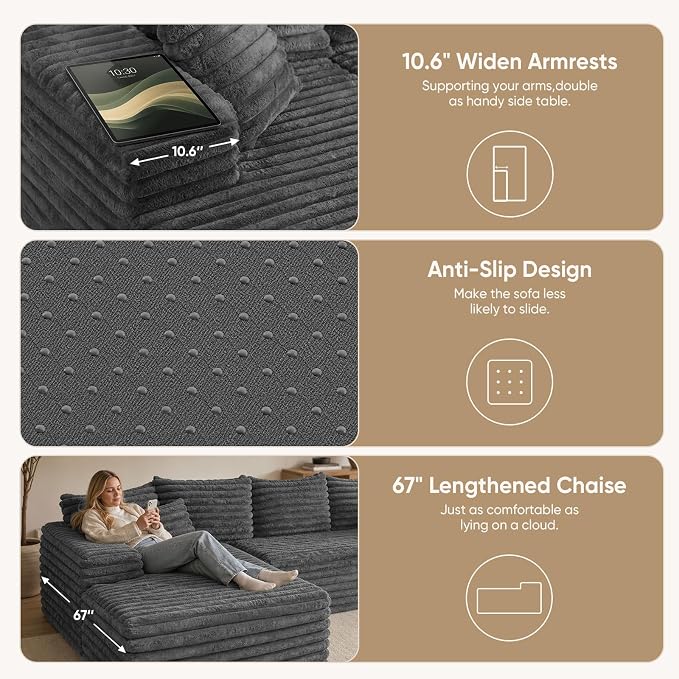2" Corduroy Boneless Couches for Living Room, L Shape Sofa with Chaise | 102.4" Modular Sectional Sofa, Cloud Couch Sectional with Deep Seat, No Assembly, Grey, Left Chaise