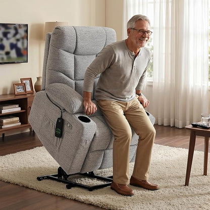 MCombo Power Lift Recliner Chair with Extended Footrest for Elderly People, Fabric 7287 (Light Grey, Medium)