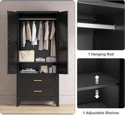 Washsemba 71'' Farmhouse Metal Wardrobe Cabinet with Hanging Rod, 2 Barn Door Wardrobe Closet with Adjustable Shelves,2 Drawer,for Dining Room,Bedroom,Living Room, Cloak Room,Office (Black)