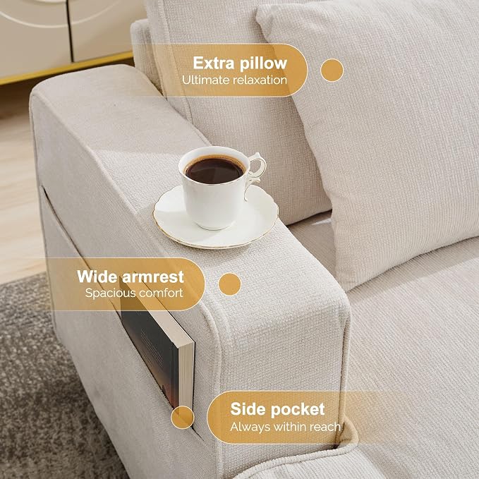 Korser 89" Couches for Living Room with Deep Seats, 3 Seater Sofa Couch, Mid Century Modern Chenille Sofa with Armrests, Upholstered Comfy Sofas for Living Room, Bedroom, Apartment, Office (Beige)