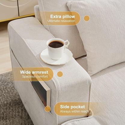 Korser 89" Couches for Living Room with Deep Seats, 3 Seater Sofa Couch, Mid Century Modern Chenille Sofa with Armrests, Upholstered Comfy Sofas for Living Room, Bedroom, Apartment, Office (Beige)