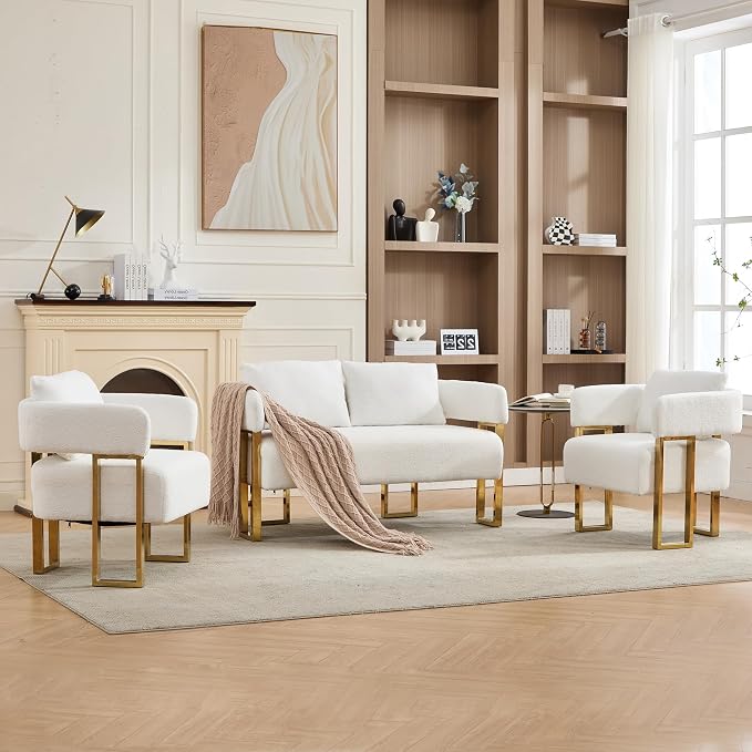 YISHENG Loveseat Sofa Modern Accent Chairs for Living Room with Golden Metal Legs Soft Teddy Upholstered Reading Armchairs no Wheels for Reception Room//Bedroom/Lounge/Office, White