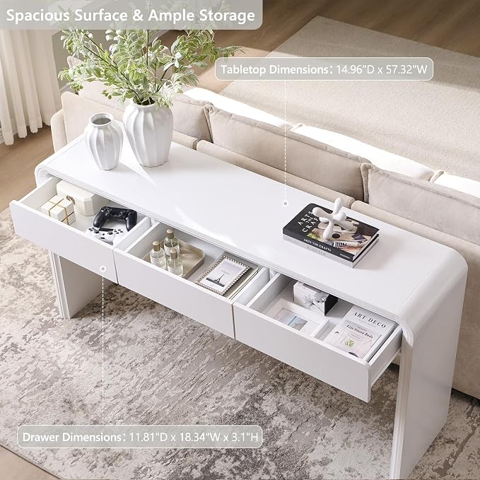 Aitjunz 63'' Console Table with 3 Drawers, Modern Entryway Table with Curved Profile Design, Narrow Long Wood Sofa Table Behind Couch Table for Living Room, Hallway, Foyer, White