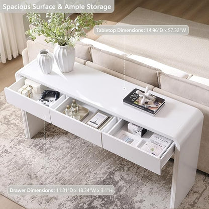 Aitjunz 63'' Console Table with 3 Drawers, Modern Entryway Table with Curved Profile Design, Narrow Long Wood Sofa Table Behind Couch Table for Living Room, Hallway, Foyer, White