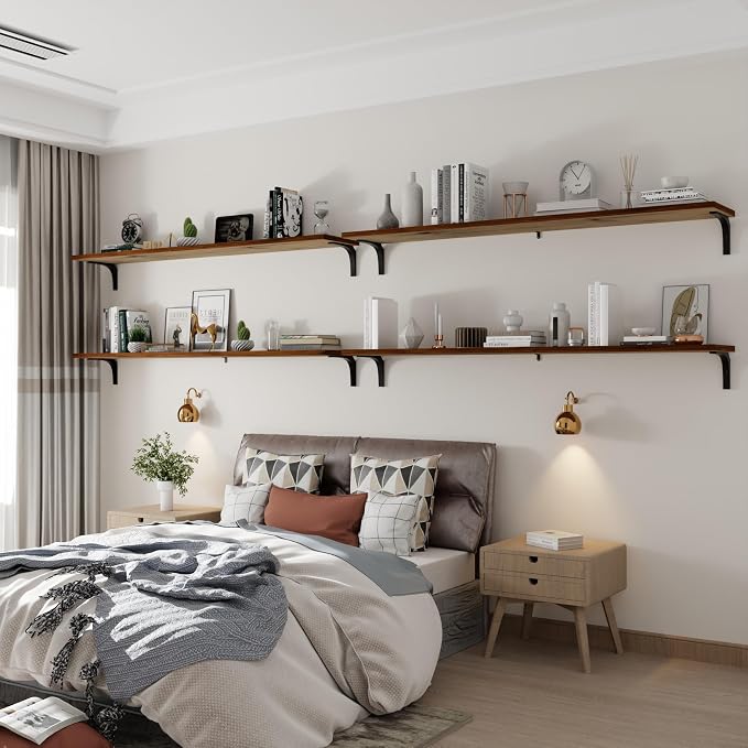 12 Inch Deep Floating Shelves Set of 4, 60 Inch Extra Long Walnut Solid Wood Wall Shelves, 5ft Heavy Duty Farmhouse Wall Mounted Shelving for Kitchen, Living Room & Bedroom
