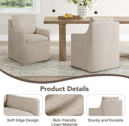 KISLOT Upholstered Dining Chairs Set of 1, Modern Dining Room Chairs with Casters & Washable Cover, Rolling Accent Chair with Hidden Storage for Kitchen, Farmhouse, Linen, 1 Box