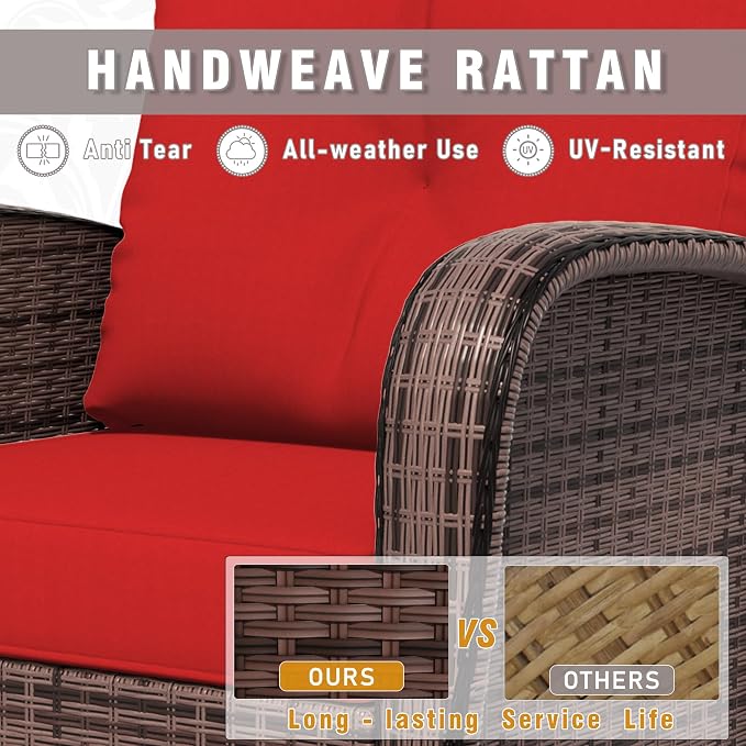 Patio 3-Seater Sofa, PE Wicker Outdoor Lounge with Thick Removable Cushions, Rust-Proof Steel Frame, 900LBS Capacity, Red