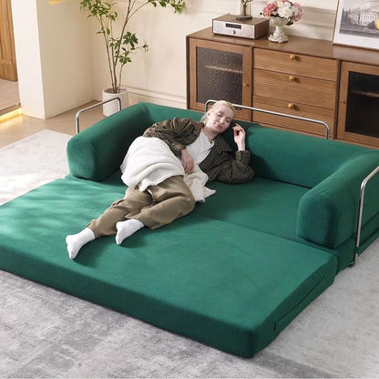 WHGBJA 79'' Convertible Sleeper Sofa Bed, 3-in-1 Foldable Floor Couch with Corduroy Upholstery, No Assembly Loveseat, Light Brown Lounge Mattress for Living Room, Studio, Guest Room (Light Green)