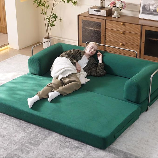 WHGBJA 79'' Convertible Sleeper Sofa Bed, 3-in-1 Foldable Floor Couch with Corduroy Upholstery, No Assembly Loveseat, Light Brown Lounge Mattress for Living Room, Studio, Guest Room (Light Green)