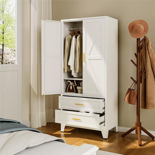 YAUWOH Farmhouse Wardrobe Cabinet with 2 Drawers,Metal Wardrobe Closet with Hanging Rod,Metal Armoire with Adjustable Shelves for Bedroom,Cloak Room,Office (White)