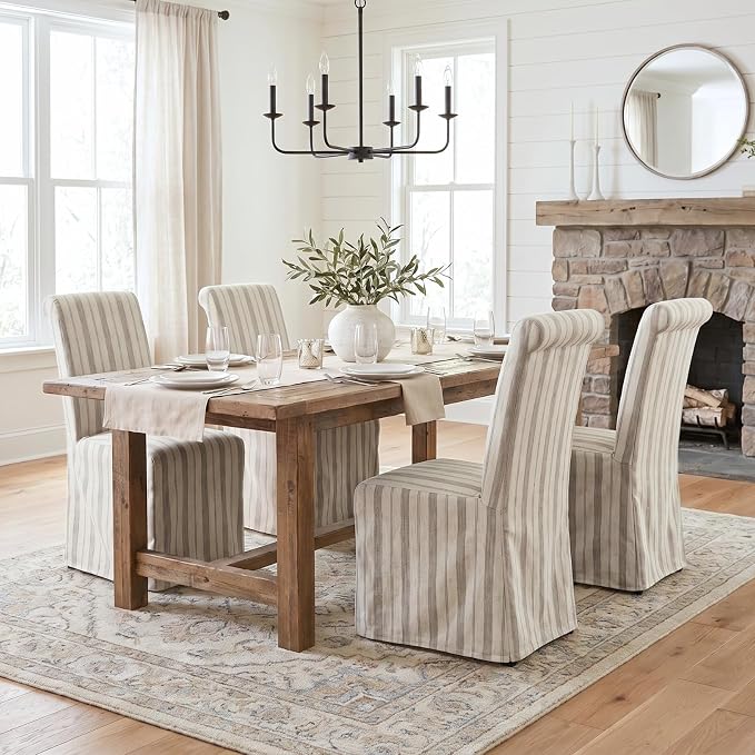 chairus Slipcovered Parsons Dining Chairs Set of 2, Upholstered Dining Room Chairs with Removable Linen Cover & High Back, Modern Farmhouse Wooden Side Kitchen Chairs, Khaki Stripe