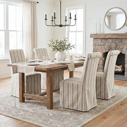 chairus Slipcovered Parsons Dining Chairs Set of 2, Upholstered Dining Room Chairs with Removable Linen Cover & High Back, Modern Farmhouse Wooden Side Kitchen Chairs, Khaki Stripe