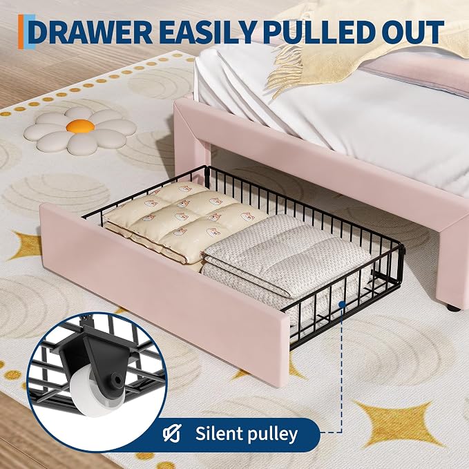 Garvee Twin Upholstered LED Bed Frame with Storage Drawer & Cute Cat Headboard, Velvet Princess Platform Bed Frame with Sturdy Wood Slats Support for Girls/Kids, No Box Spring Needed, Pink