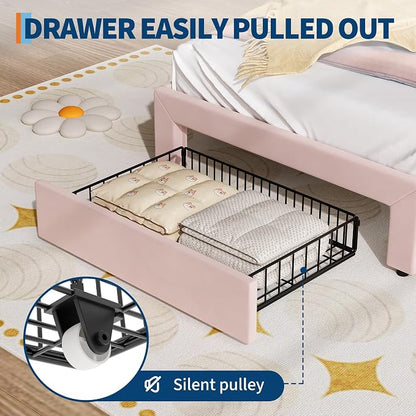 Garvee Twin Upholstered LED Bed Frame with Storage Drawer & Cute Cat Headboard, Velvet Princess Platform Bed Frame with Sturdy Wood Slats Support for Girls/Kids, No Box Spring Needed, Pink