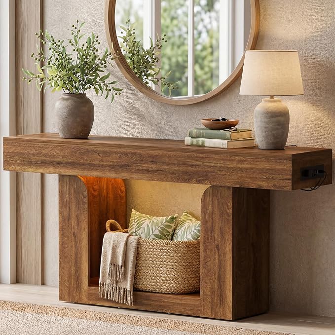 Homieasy Console Table, 63" Entryway Table with LED Lights & Charging Station, Farmhouse Wooden Sofa Table Behind Couch, Narrow Hallway Table for Living Room, Foyer, Entry, Rustic Oak