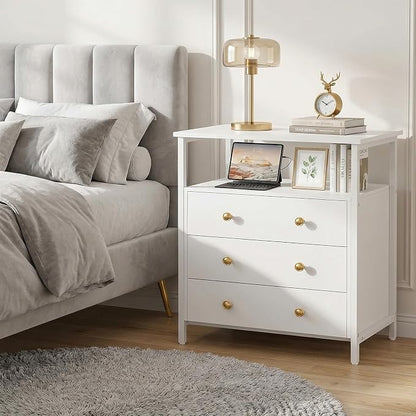 Edbuosy 3 Wooden Drawers Night Stand, 27 Inch Wide Nightstand with Charging Station and Adjustable Drawers, Small Dresser for Closet, Bedside Table for Living Room/Bedroom/Office, White