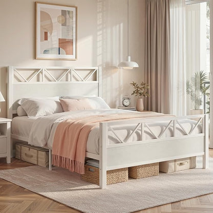 LIKIMIO Queen Bed Frame, Tall Modern Headboard 51.2 ", Platform Bed Frame with Strong Metal Support, Solid and Stable, Noise Free, No Box Spring Needed, Easy Assembly, White