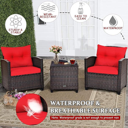 COSTWAY 3PCS Patio Furniture Set, PE Rattan Wicker Sofa w/Washable Cushion and Coffee Table, Tempered Glass Tabletop, Outdoor Conversation Set for Balcony, Porch, Yard, Backyard, Lawn, Red